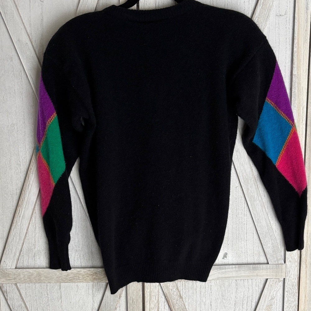 VTG Donagain Angora Lambswool Argyle Sweater - Black/Multicolor - Small - Picture 4 of 6
